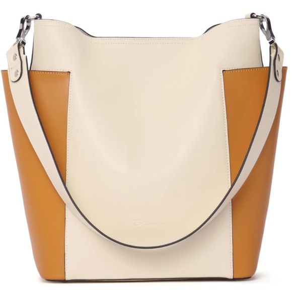Bostanten Women's Leather Bucket Handbag in Beige and Yellow - Picture 1 of 7